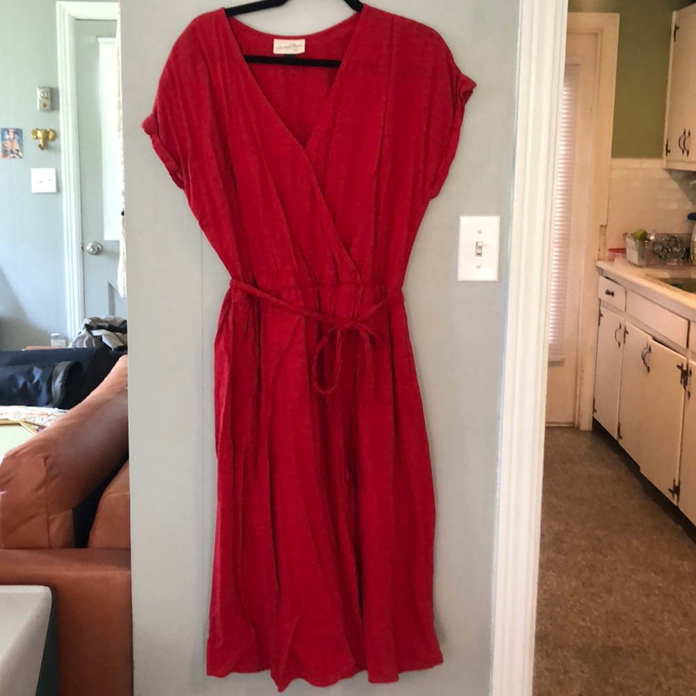 comfy red faux wrap Pocket Dress-Large